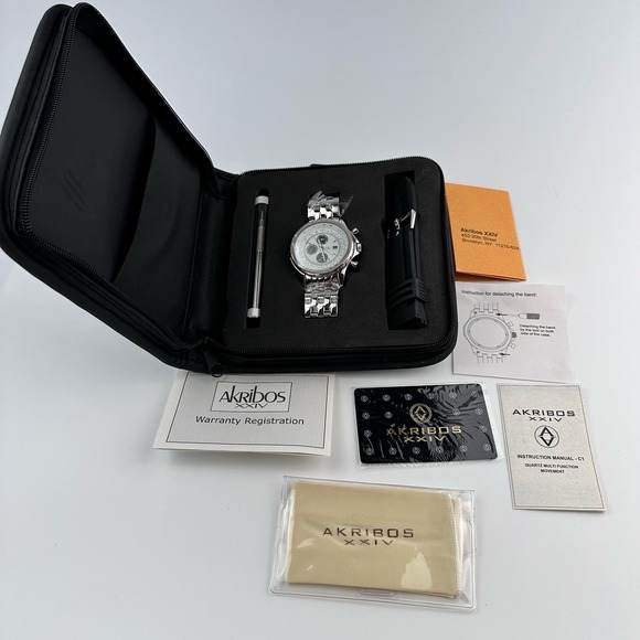 NOS Akribos XXIV Multi Function Chronograph Watch Stainless Steel extra Band - Picture 1 of 15